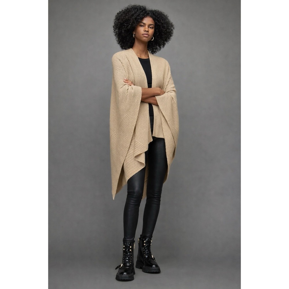 AllSaints Robyn Rib Ruana Scarf One Size Ribbed Knit Beige Wool Blend Poncho